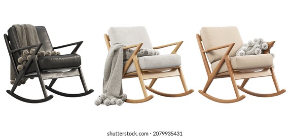 Midcentury Eather And Fabric Upholstery Rocking Chair With Plaids. Wooden Base Chair On White Background. Mid-century, Modern, Scandinavian Interior. 3d Render