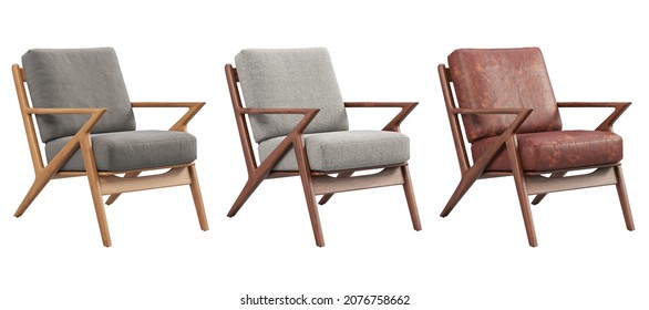 Midcentury fabric and leather upholstery chairs. Wooden base armchairs on white background. Mid-century, Modern, Scandinavian, Loft interior. 3d render