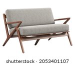 Midcentury gray fabric upholstery sofa. Wooden base loveseat sofa on white background. Mid-century, Modern, Scandinavian interior. 3d render