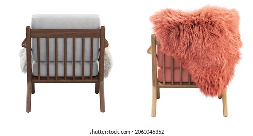 Midcentury Pink And White Fabric Upholstery Apartment Chair With Fur Plaids. Wooden Base Chair On White Background. Mid-century, Modern, Scandinavian Interior. 3d Render