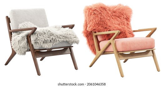 Midcentury Pink And White Fabric Upholstery Apartment Chair With Fur Plaids. Wooden Base Chair On White Background. Mid-century, Modern, Scandinavian Interior. 3d Render