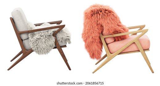 Midcentury Pink And White Fabric Upholstery Apartment Chair With Fur Plaids. Wooden Base Chair On White Background. Mid-century, Modern, Scandinavian Interior. 3d Render