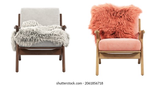 Midcentury Pink And White Fabric Upholstery Apartment Chair With Fur Plaids. Wooden Base Chair On White Background. Mid-century, Modern, Scandinavian Interior. 3d Render