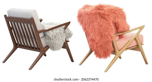 Midcentury Pink And White Fabric Upholstery Apartment Chair With Fur Plaids. Wooden Base Chair On White Background. Mid-century, Modern, Scandinavian Interior. 3d Render