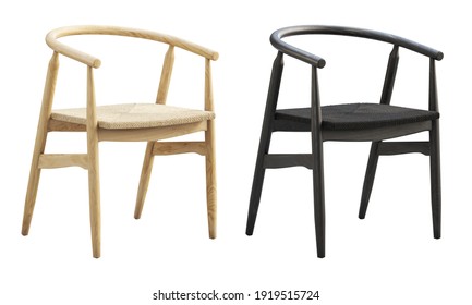 Mid-century wooden dining chairs with woven rope seat on white background. Mid-century, Loft, Scandinavian interior. 3d render