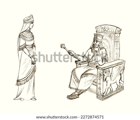Middl eastern Sumer past old age crown jew golden dress cloth Iraq male noble royal Syria leader ruler sit chair point order look rod staff wand Hand drawn Iran bride sketch retro biblic god art story Foto stock © 
