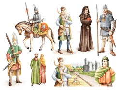 Middle Ages Medieval People, Horseman Knight, Priest, Peasant, People, Old Costume Clothes, Historical