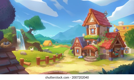 Middle Ages Small Fairy Tale Village. Concept Art for Video Games. Fiction Backdrop. Realistic Illustration. Digital CG Artwork. Industry Scenery
