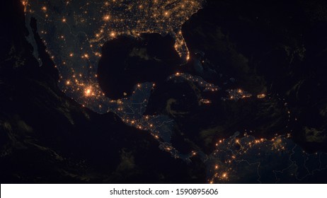 Middle America. The Night View Of City Lights. Middle America - Planet Earth. Political Borders Of Middle American Countries: Mexico, Colombia, Venezuela, Cuba, Costa Rica. 3D Illustration.