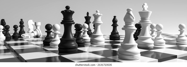 In the middle of a chess game. 3D rendering of game pieces playing on chessboard.