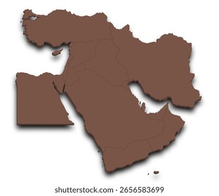 The Middle East. 3d Map of Middle East countries with color. Southwest Asia, ME, Middle East 