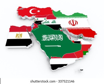 Middle East 3d Map With State Flags