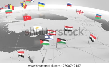 Middle East - countries' borders and flags - 3D illustration