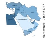 Middle East map showing highlighted countries like Saudi Arabia, Iran, Iraq, Israel, Egypt, Turkey, and others.