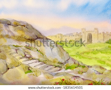 Middle East past valley field land stone rock road jew Jericho country blue sky scene in vintage art graphic picture style. Holy place of biblic Jaffa israeli King David built temple urban scenic view