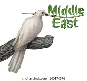 Middle East Peace Plan And Diplomacy Concept With A White Dove Holding An Olive Branch With The Leaves In The Shape Of The Word That Includes Persian Gulf States Searching For A Negotiated Solution.