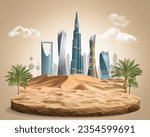 Middle east skyline with nature. abstract design template. skyscraper and dune sand, 3d illustration. isolated background. desert sand plot.