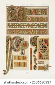 Middle-Ages pattern from our own original 1888 edition from L'ornement Polychrome by Albert Racine (1825-1893). Vintage Middle-Ages pattern art illustration, old Middle-Ages pattern art print.