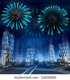 Midnight firework explosions over modern skyscraper city illustration