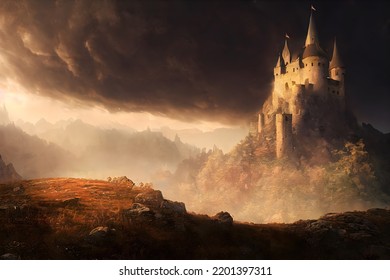 A mighty castle on a hill  - Shutterstock ID 2201397311