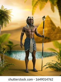 A Mighty Egyptian Pharaoh In His Royal Clothing, Egyptian Head Scarf, Diadem, Royal Beard And Staff, 3d Render.