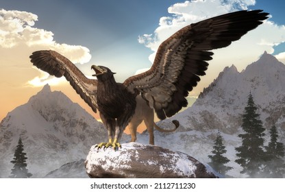 A mighty griffin, a beast of mythology and legend, half eagle, half lion, perches high among snow capped mountains. Wings spread, this fantasy creature cries into the wind. 3D Rendering