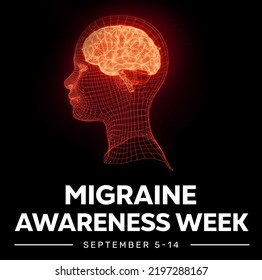 Migraine Awareness Week Background with wireframe head and glowing brain. September awareness week backdrop. - Powered by Shutterstock