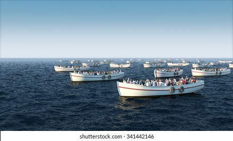 Migrant Boat Floating On The Sea