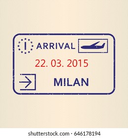 Milan Passport Stamp. Travel By Plane Visa Or Immigration Stamp.