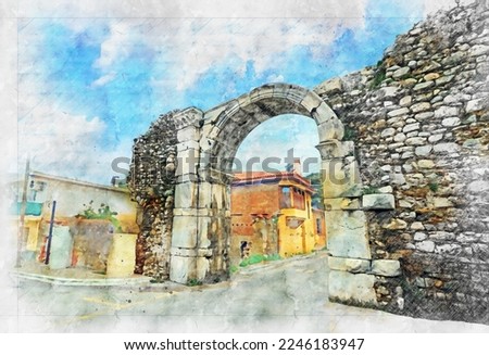 Milas - Muğla -Turkey The Gate with Ax takes its name from the relief of the double-faced ax on the keystone, which was called “Labrys” in ancient times. Watercolor artistic work .