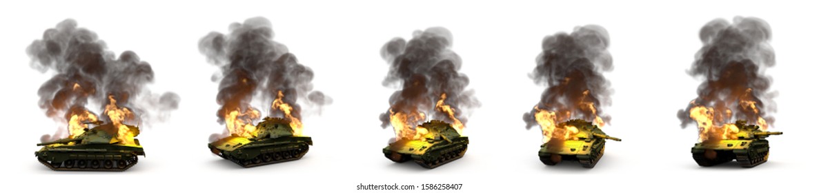 Military 3D Illustration for army forces concept - isolated highly detailed forest colored modern tank with not real design in flames destroyed on white