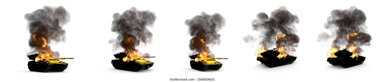 Military 3D Illustration for victory day concept - isolated detailed forest camouflage modern tank with design that not exists burning wrecked on white