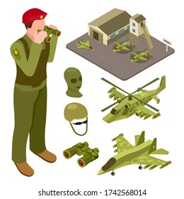 Military Air Force Base Isometric With Helicopter, Fighter Aircraft, Soldiers Illustration