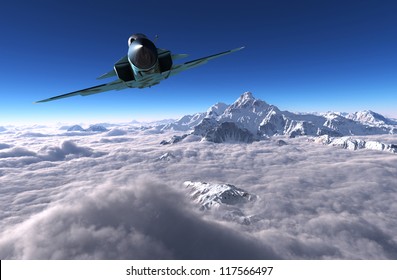 Military Aircraft In The Sky Above The Clouds.