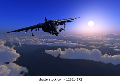 Military Aircraft In The Sky Above The Clouds.