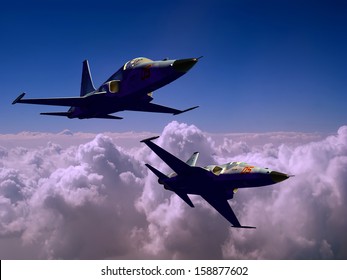 Military Aircraft In The Sky Above The Clouds.