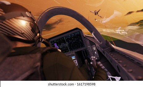 Military airforce pilot in cockipt firing a missile to enemy aircrafts air combat 3d rendering