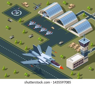 Military Airport Isometric. Low Poly 3d Of Usa Aircraft. Airplane On Airbase, Helicopter Flight Transportation. Illustration