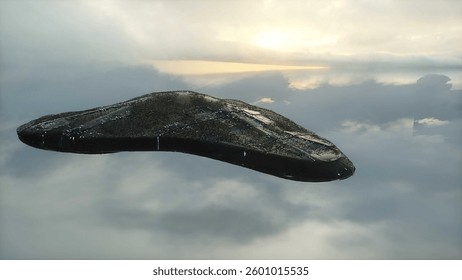 Military alien sci fi ship flying over clouds. 3d rendering. 3D Illustration