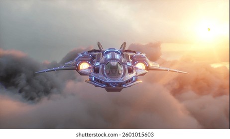 Military alien sci fi ship flying over clouds.3d rendering. 3D Illustration