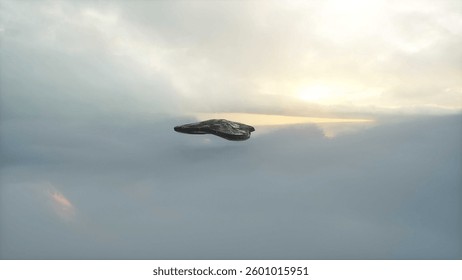 Military alien sci fi ship flying over clouds. 3d rendering. 3D Illustration