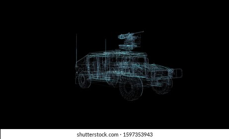 Military Armored Vehicle Hologram Wireframe. Nice 3D Render On A Black Background