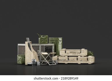 Military Arsenal Pile With Ammunition Boxes, Guns And Weapons, 3d Rendering, Nobody