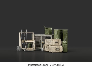 Military Arsenal Pile With Ammunition Boxes, Guns And Weapons, 3d Rendering, Nobody