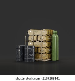 Military Arsenal Pile With Fuel Barrels And Ammunition Boxes, 3d Rendering, Nobody