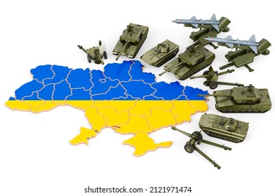 Military attack on Ukraine. Combat vehicles near Ukrainian map. 3D rendering isolated on white background