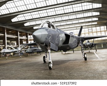 Military aviation arsenal inside a military hangar awaiting deployment. F 35 Fighter jet, stealth fighter and attack drone. 3d rendering