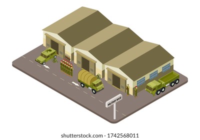 Military Base With Soldiers And Military Cars Isometric Concept