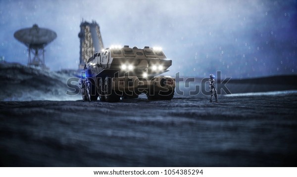 Military car on moon with robots. Moon colony.\
Earth backround. 3d\
rendering.