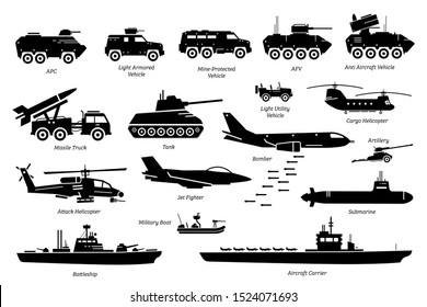 Military Combat Vehicles, Transportation, And Machine Icon Set. Artwork Depicts Army Armored Vehicle, Tank, Missile Truck, Bomber, Attack Helicopter, Jet Fighter, Warship, Boat, Ship, And Submarine.